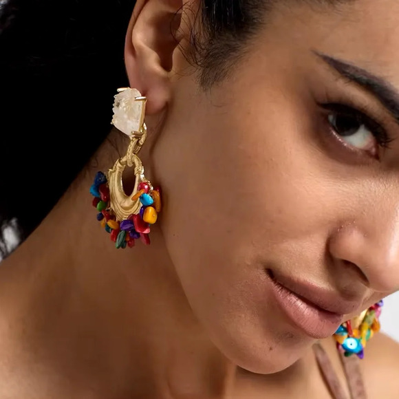 Zara Colorful Stones Beaded Druzy Hoop Earrings - Picture 5 of 8